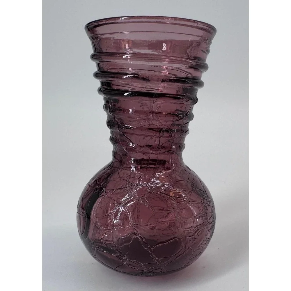Vintage Purple Crackle Glass Vase Blenko Pilgrim Style Ribbed Neck Art Glass